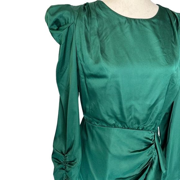 ASTR Cascade Long Sleeve Ruffle Front Mini Dress Green Satin | Size XL - Picture 7 of 11